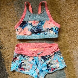 Floral Print Two-Piece Athleta Girl Kids Swimsuit in Coral & Blue - Size L / 12